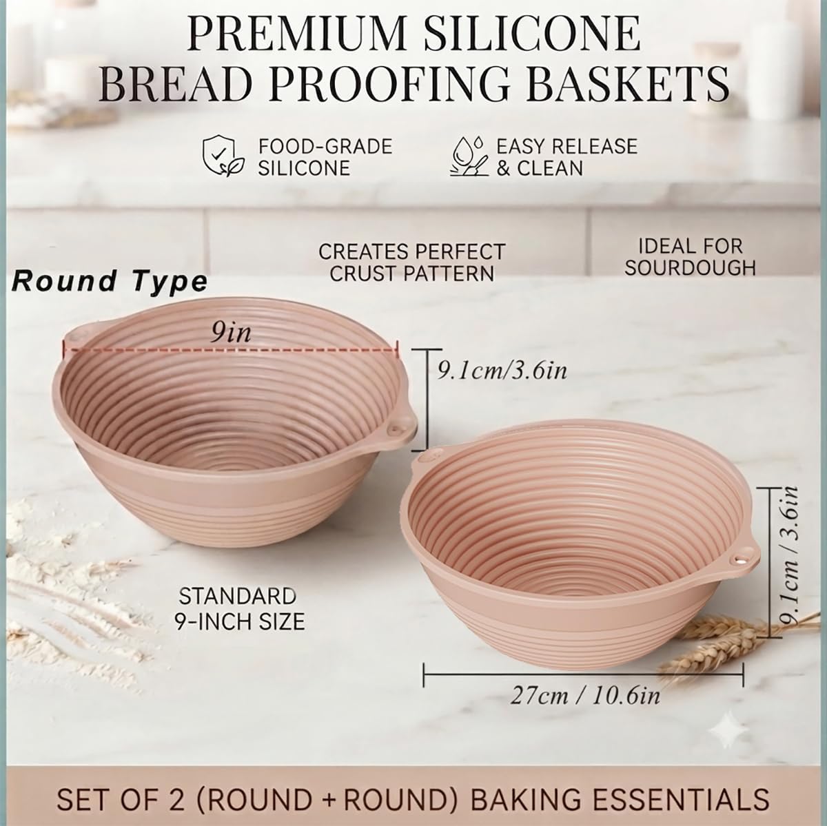 2-Pack Silicone Bread Proofing Basket, 9" Round Collapsible Banneton for Sourdough, Non-Stick Dishwasher Safe Alternative to Rattan, Professional Baking Supplies (Round Pink)