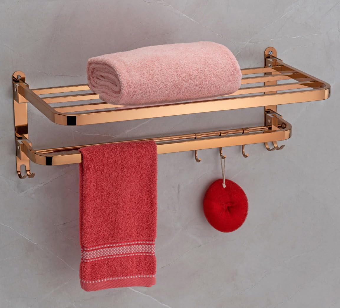iSTAR Stainless Steel 24 inch Foldable Towel Rack with Hooks | Durable Multipurpose Wall Mounted Double Shelf Organizer for Clothes, Bath Robe | Ideal for Bathroom, Hotels and Home (Rose Gold)-image-34