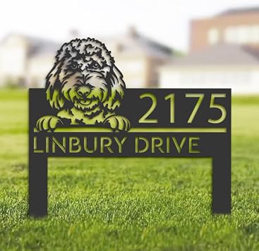 Goldendoodles Dog Metal Address Sign House Number Goldendoodles Dog Plaque Outdoor Stake Goldendoodles Dog Sculptures Sign for Park Yard Lawn Courtyard Patio Ranch Farmer Gardening.