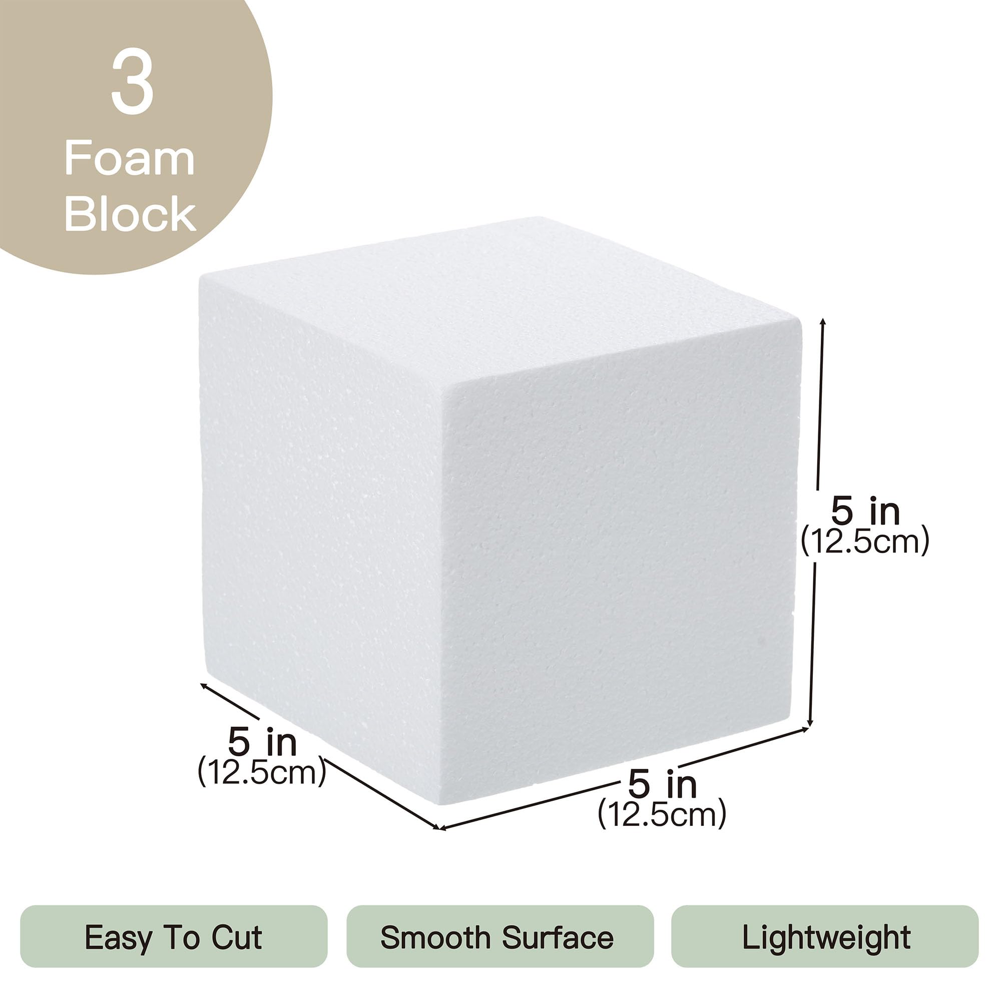 Crafare Paquete de 3 bloques de espuma para manualidades, cubos cuadrados de espuma de poliestireno de 5 x 5 x 5 pulgadas, para proyectos escolares, esculturas, arreglos florales, modelado y centros
