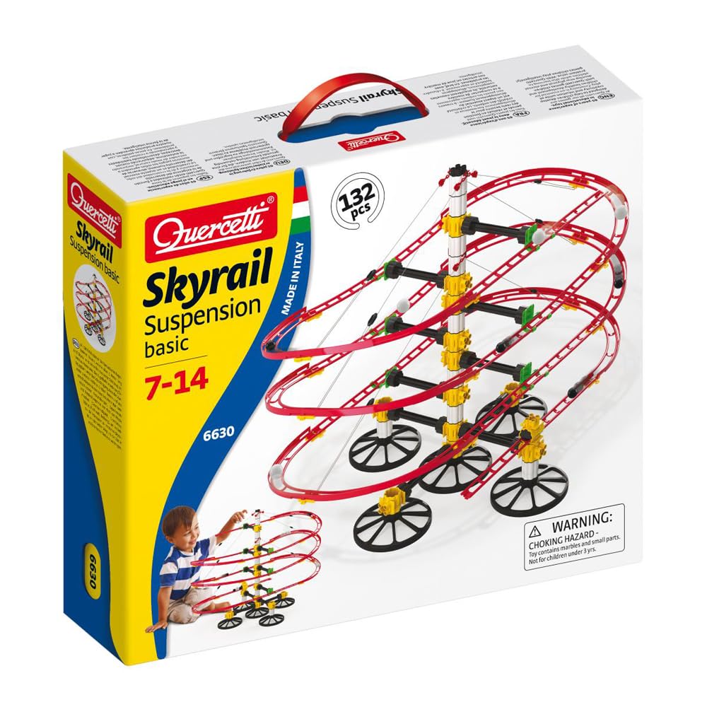 Quercetti Skyrail Suspension Basic 7-14 Anni Pista Biglie per Bambini fino a 5m Circuito 3D Percorso Biglie Giochi Stem 7 Anni 8 Biglie Basi e Tiranti Giochi Bambino 8 Anni Maschio Giochi Educativi
