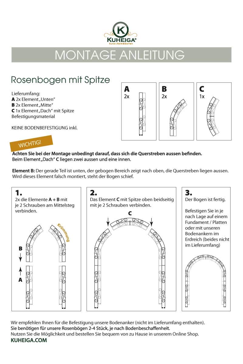KUHEIGA Stabiler Rosenbogen aus Metall 10mm Massiveisen Breite: 200cm Verzinkt Zink