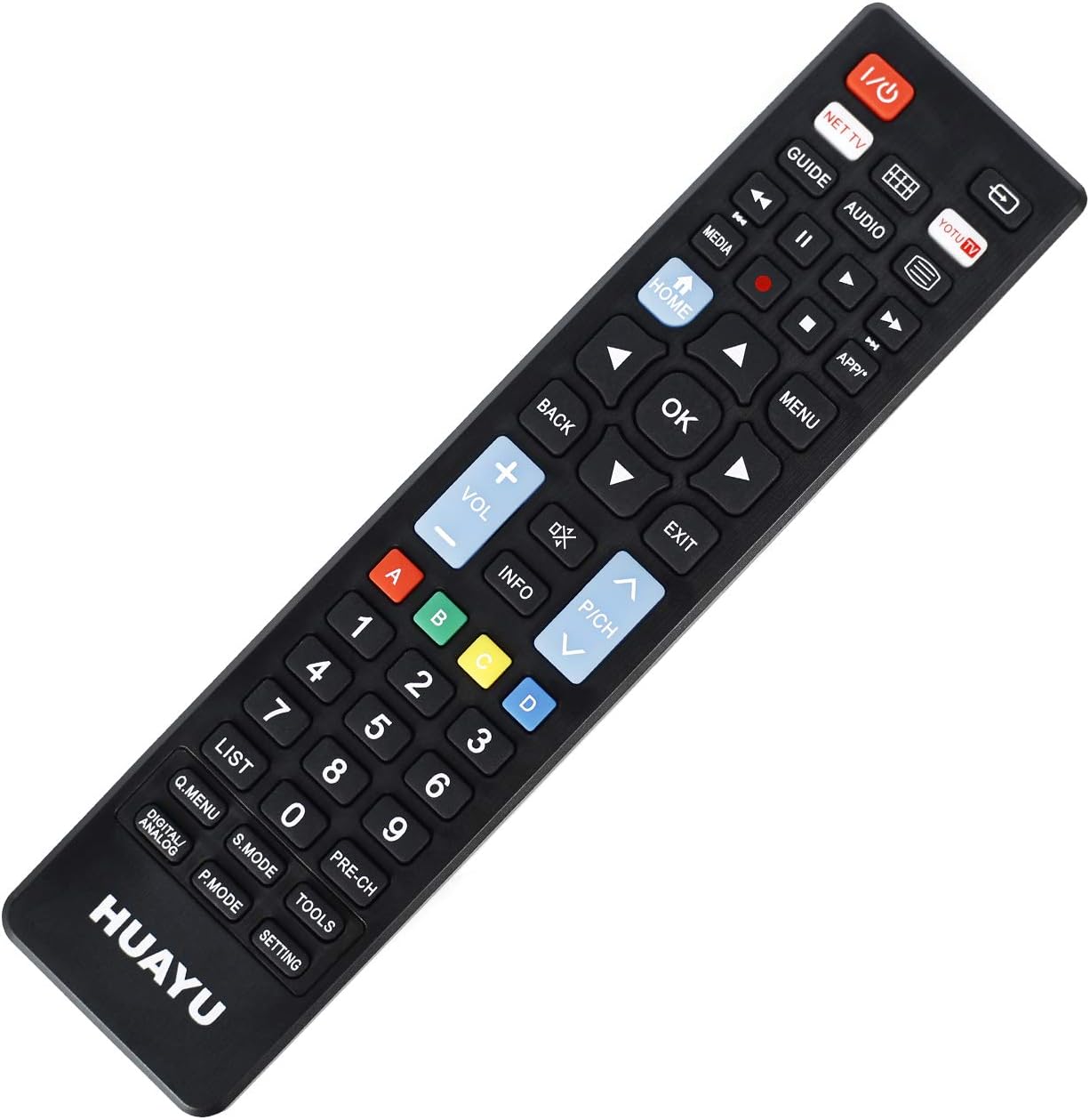 Урд view of the HUAYU URC1511 remote control, showing all buttons and their labels.