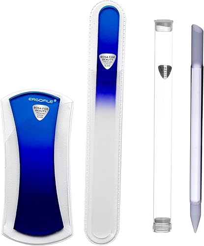 BONA FIDE BEAUTY Kit de lima de uñas de vidrio checo azul de 3 piezas, lima curvada de vidrio (lima Ergo) y empujador de cutículas
