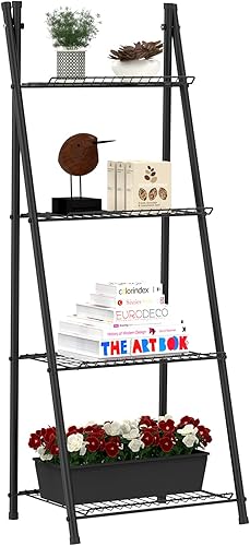 NORCEESAN Estante de metal para plantas, estantería de escalera de 4 niveles, estante negro para plantas, estante de flores de interior, soporte de