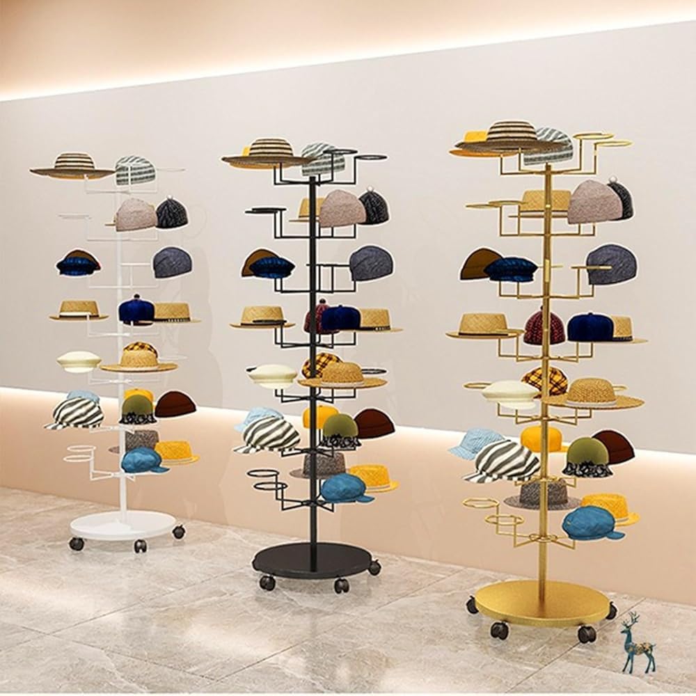 Percheros con ruedas, soporte giratorio de metal para sombreros, gorras y pelucas, organizador independiente para sombreros