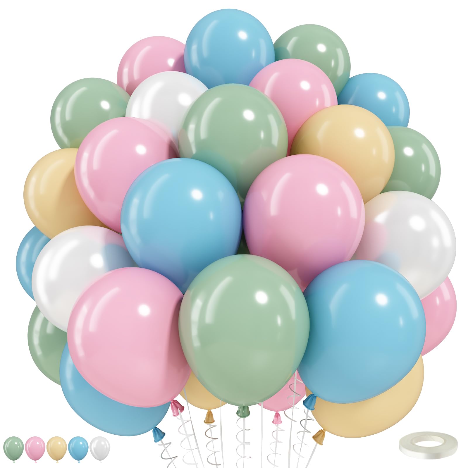 Pink Blue Green Balloons, 12 Inch 50pcs Pastel Light Baby Pink Blue Sage Dusty Green Pearl White Nude Latex Balloons for Boho First Birthday Goose Baby Shower Wildflower Garden Tea Party Decorations