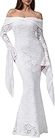MERMAIDSCLOSET Women's Off-Shoulder Floral Lace Mermaid Maxi Dress Long Bell Sleeve Formal Wedding Guest Gown