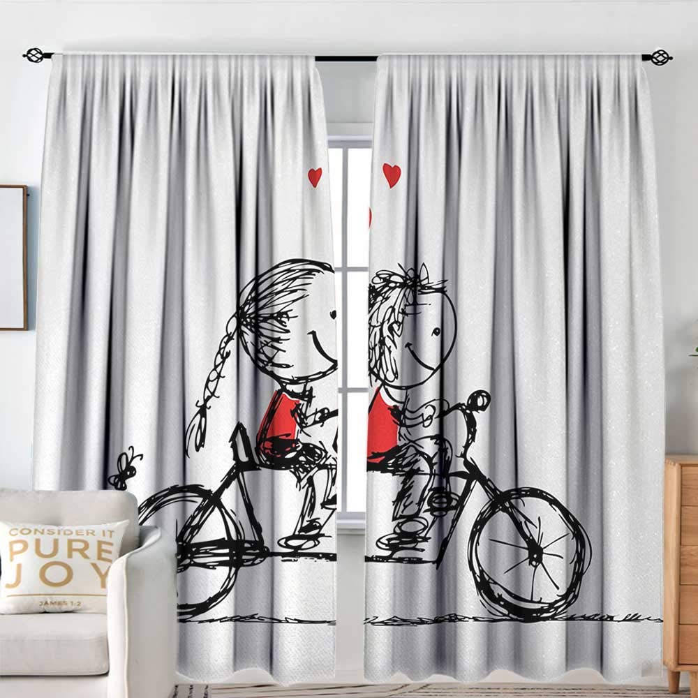 NUOMANAN Blackout Curtains Bicycle,Children Love Couple Cycling Together Soul Mates Valentines Sketchy Print,Black White Scarlet,for Room Darkening Panels for Living Room, Bedroom 100"x96"