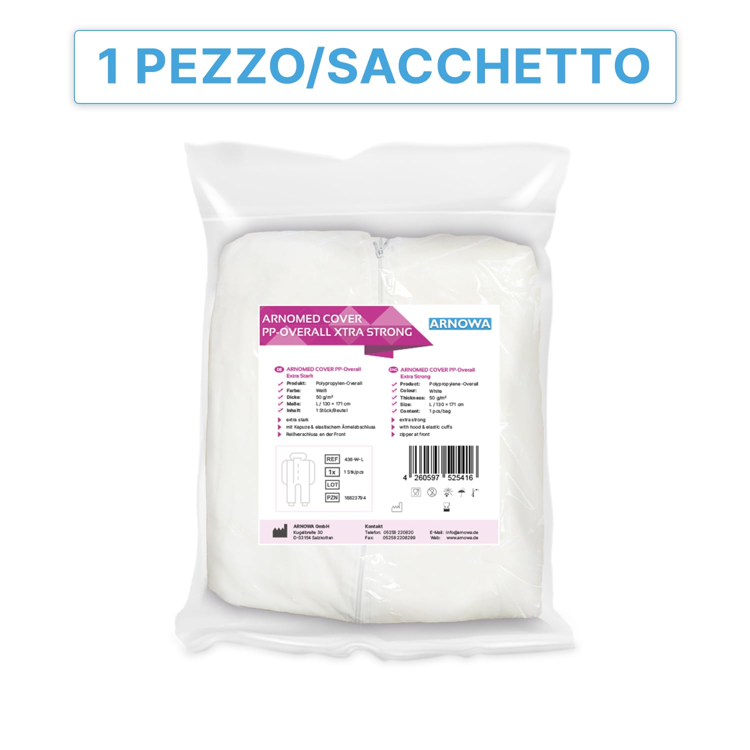 ARNOMED 10x PP tuta protettiva extra forte, tuta intera bianco 50g/m², tuta da pittore monouso L, tuta da lavoro per uomo/donna con cappuccio, tuta monouso, tuta protettiva monouso