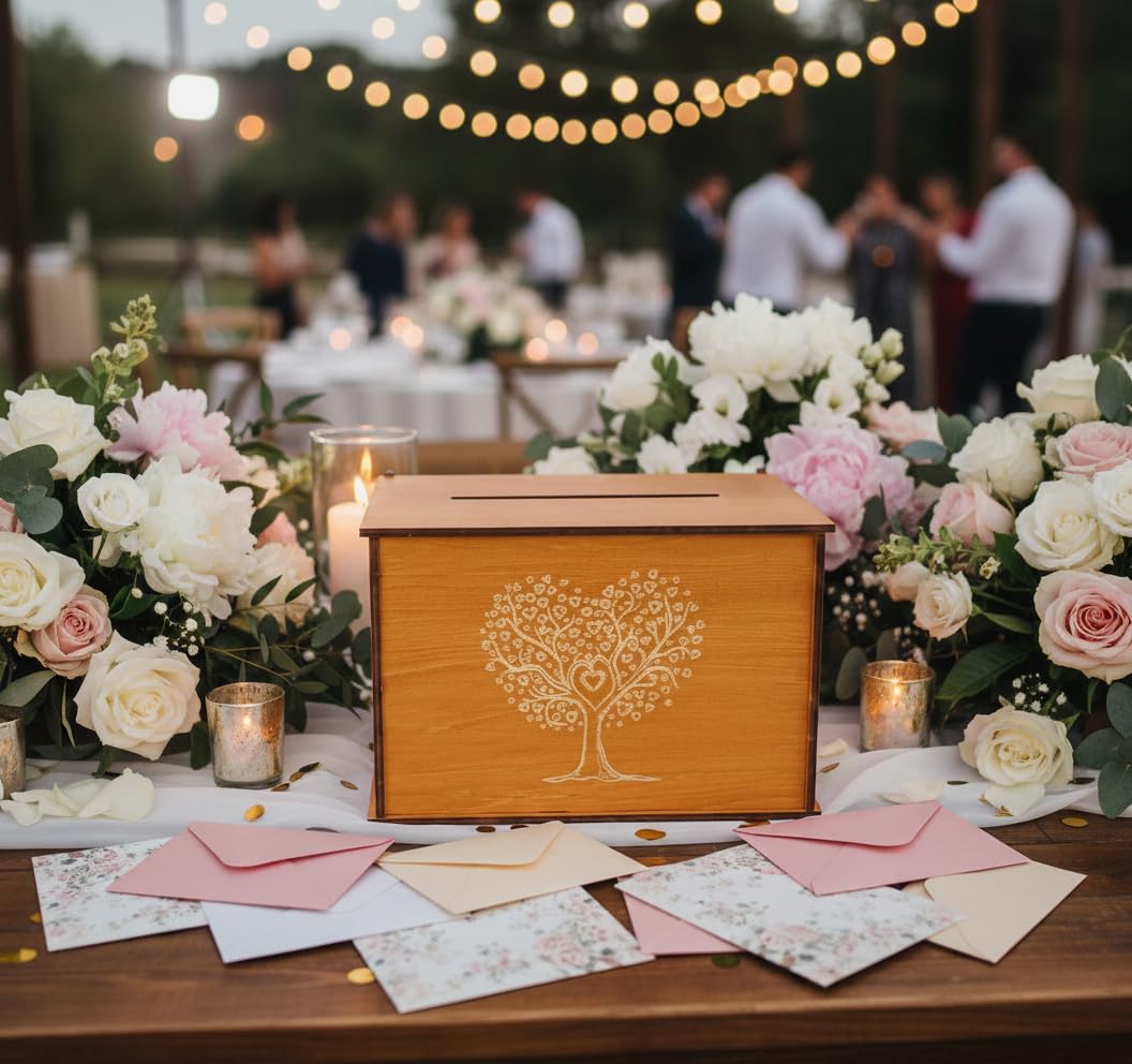 MALONA - Urna per matrimonio in legno/Scatola per biglietti e buste - Urna per anniversari e battesimi - Stile rustico con incisione Albero della Vita - Scatola dei ricordi per ogni occasione