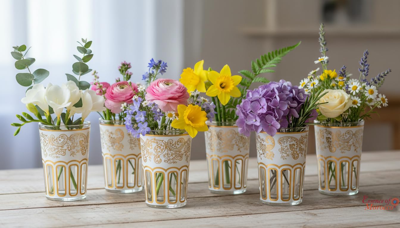 Juego de 6 vasos de té blanco marroquí, pintados y decorados a mano, con un bonito diseño marroquí clásico