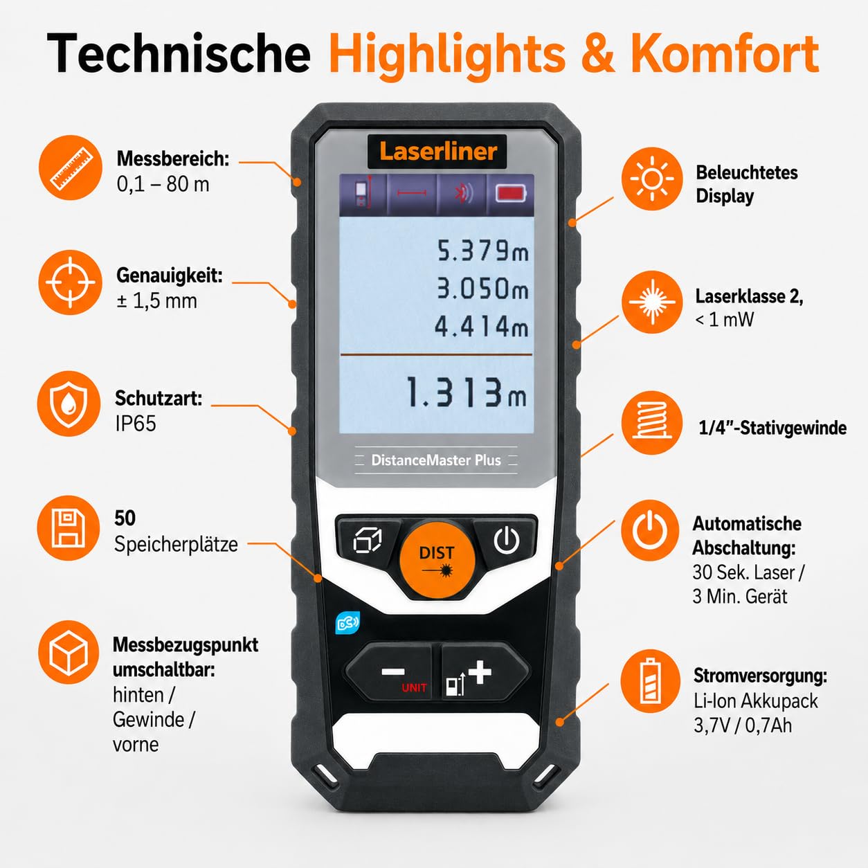 Laserliner Télémètre Laser DistanceMaster Plus 80 | Appareil de Mesure Numérique, Portée de 80 m, Mesure de Longueurs, Mesure de Surfaces, Mesure de Volumes