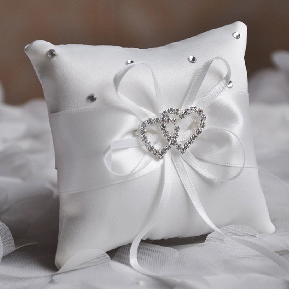 Coussin Alliances Mariage Cœur Blanc - 18x18cm Satin Et Perles - Porte Anneaux Cérémonie