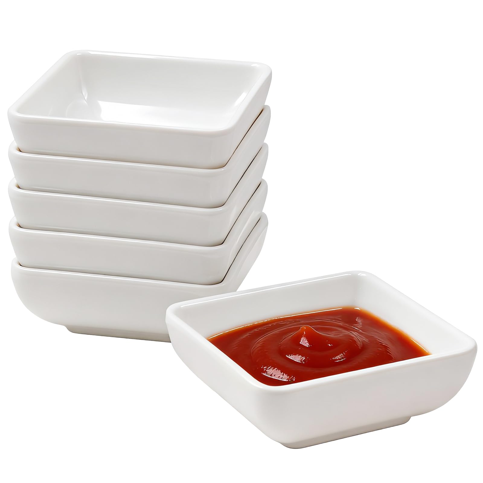 HVIHWI 6 White Dipping Bowls, 85ml Small Dip Bowls, Square Snack Bowls for Sushi, Soy Sauce, Ketchup, Tapas, Salad Dressing, Dishwasher Safe Side Dishes, 7.3cm Set of 6