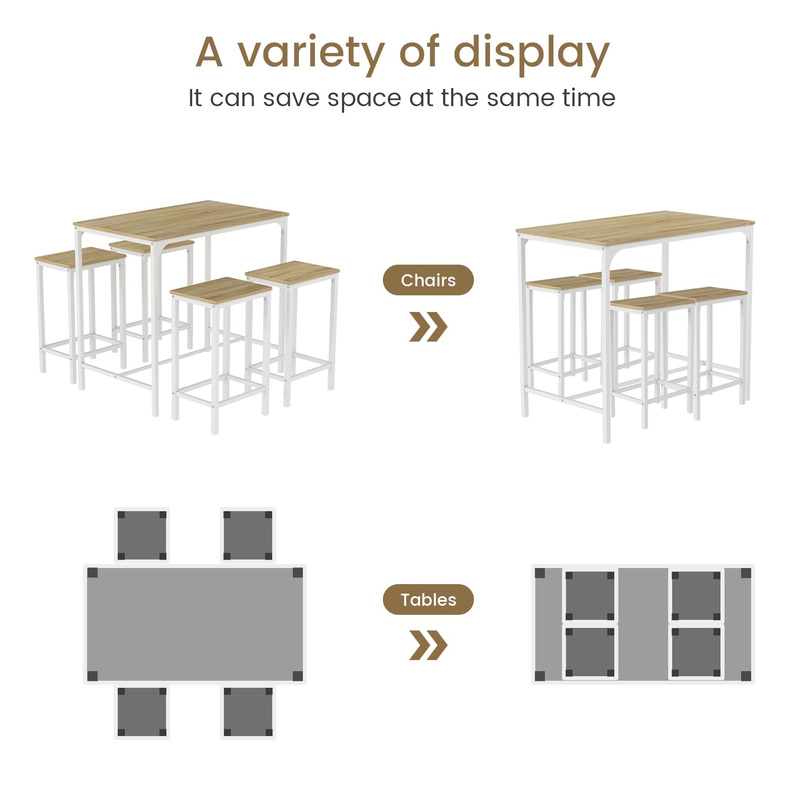 buybyroom Tavolo da bar con sgabello da bar – Set da pranzo con 4 sedie effetto rovere con venature, 100 x 60 x 90 cm