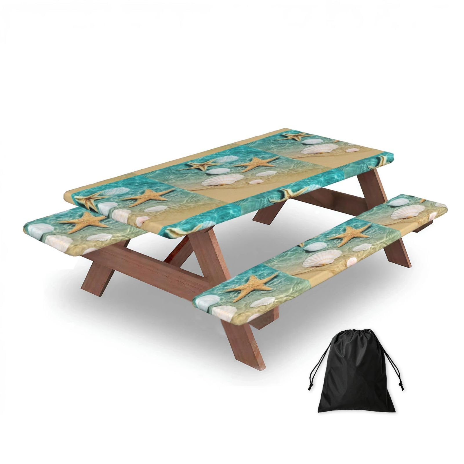 Dopklna As Picture Beach Starfish Scallop, Picnic Table Cover With Bench Covers -Waterproof Elastic Fitted Tablecloth For Garden Camping Patio 76X152cm