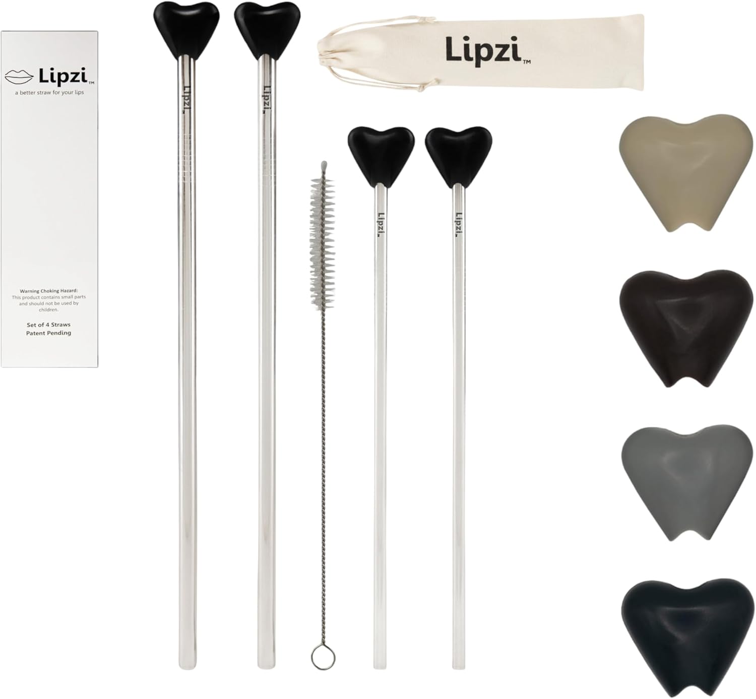 Lipzi - Stainless Steel Anti Wrinkle Straw 4Pack with Silicone Anti-Wrinkle Anti-Stain Accessories