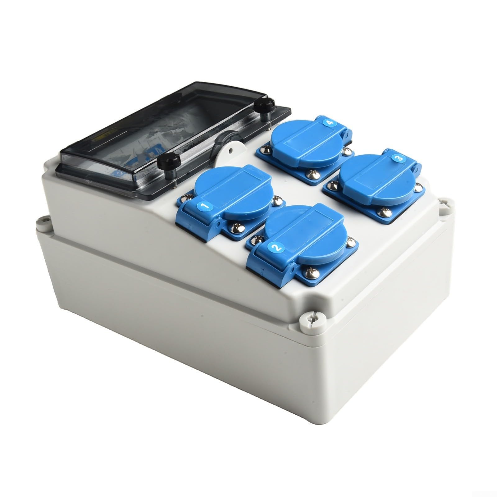 Distribuidor de corriente para construcción IP65, resistente al agua, 4 enchufes con interruptor de protección FI, fusibles automáticos de 16 A, carcasa ABS 260 x 170 x 140 mm, para interior y
