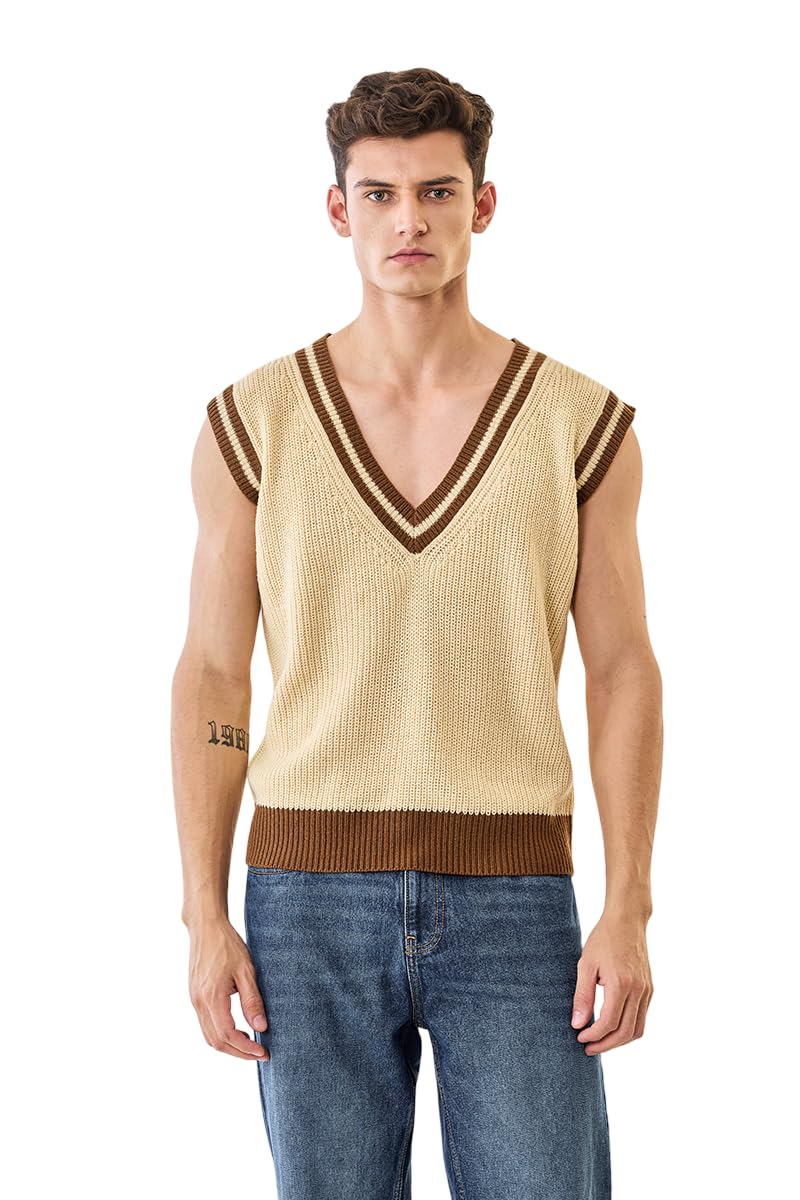 Men's Sleeveless Sweater | Varsity-Inspired Preppy Knitwear with Striped Accents & Contrast Trims | Lightweight Acrylic Knit Top for Casual Layering-image-31