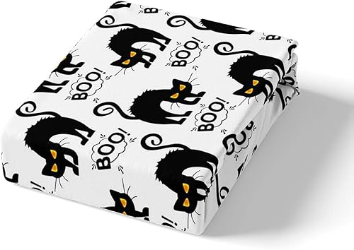 Vista 4 de Juego de sábanas bajeras con bonito diseño de gato negro para niños y niñas, diseño de dibujos animados de Halloween, gato, animales, sábanas
