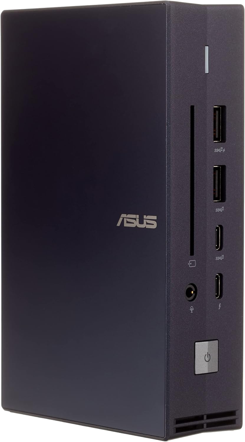 Front view of the ASUS SIMPRO Dock 2, highlighting the audio jack, Thunderbolt 3, USB-C, USB-A ports, and power button
