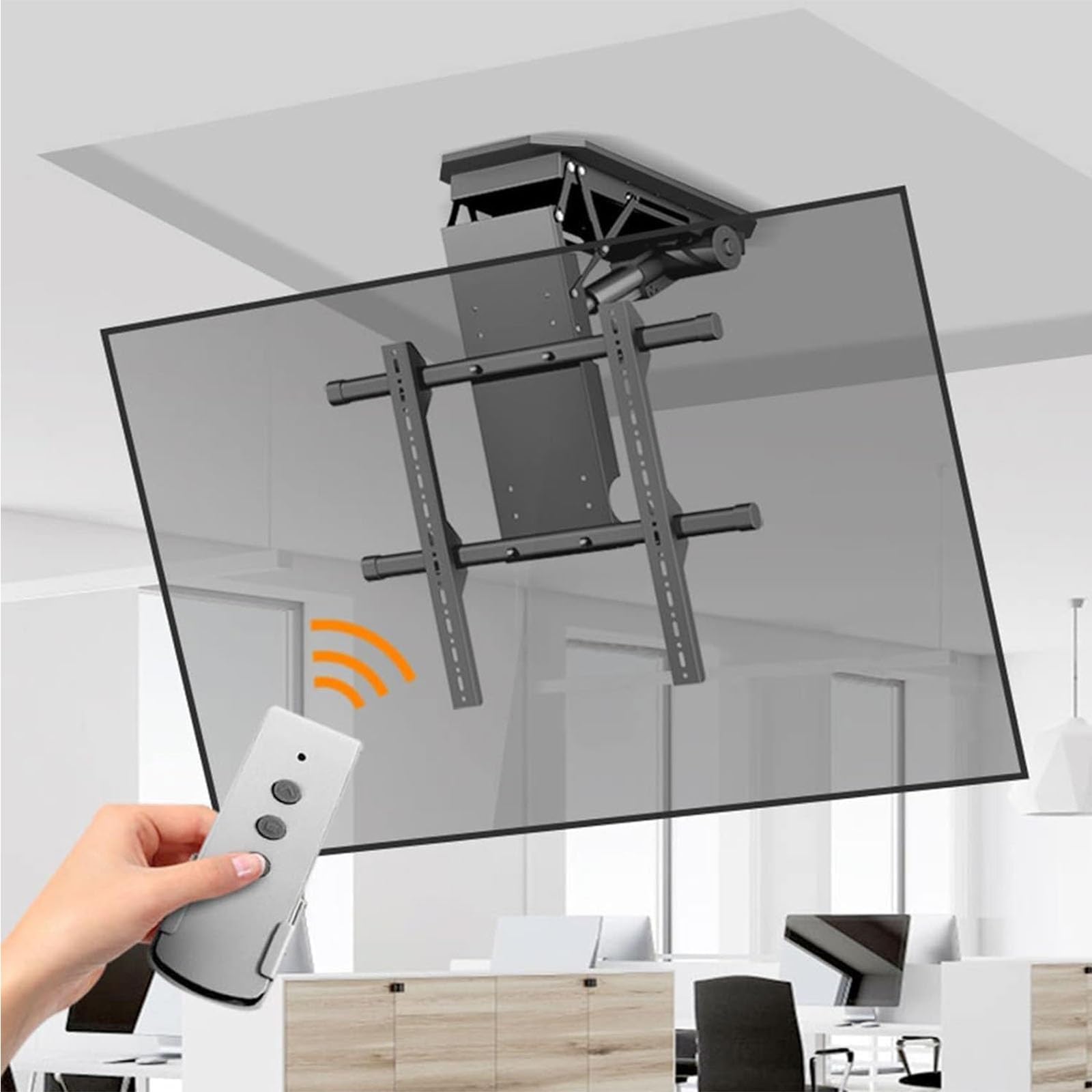 Support TV motorisé pour Plafond - Ce Support TV motorisé est Compatible avec Les téléviseurs de 50 à 90 Pouces, avec Une Inclinaison motorisée de 0 à 85° et Une té,