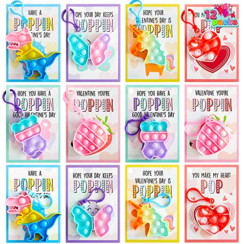 JOYIN 12 Packs Valentine's Day Cards with Pop Fidget Keychain Toys, Stress Anxiety Relief Fidget Toys with Cards for Kids Valentine Classroom Exchange Prizes, Valentine's Day Party Favors