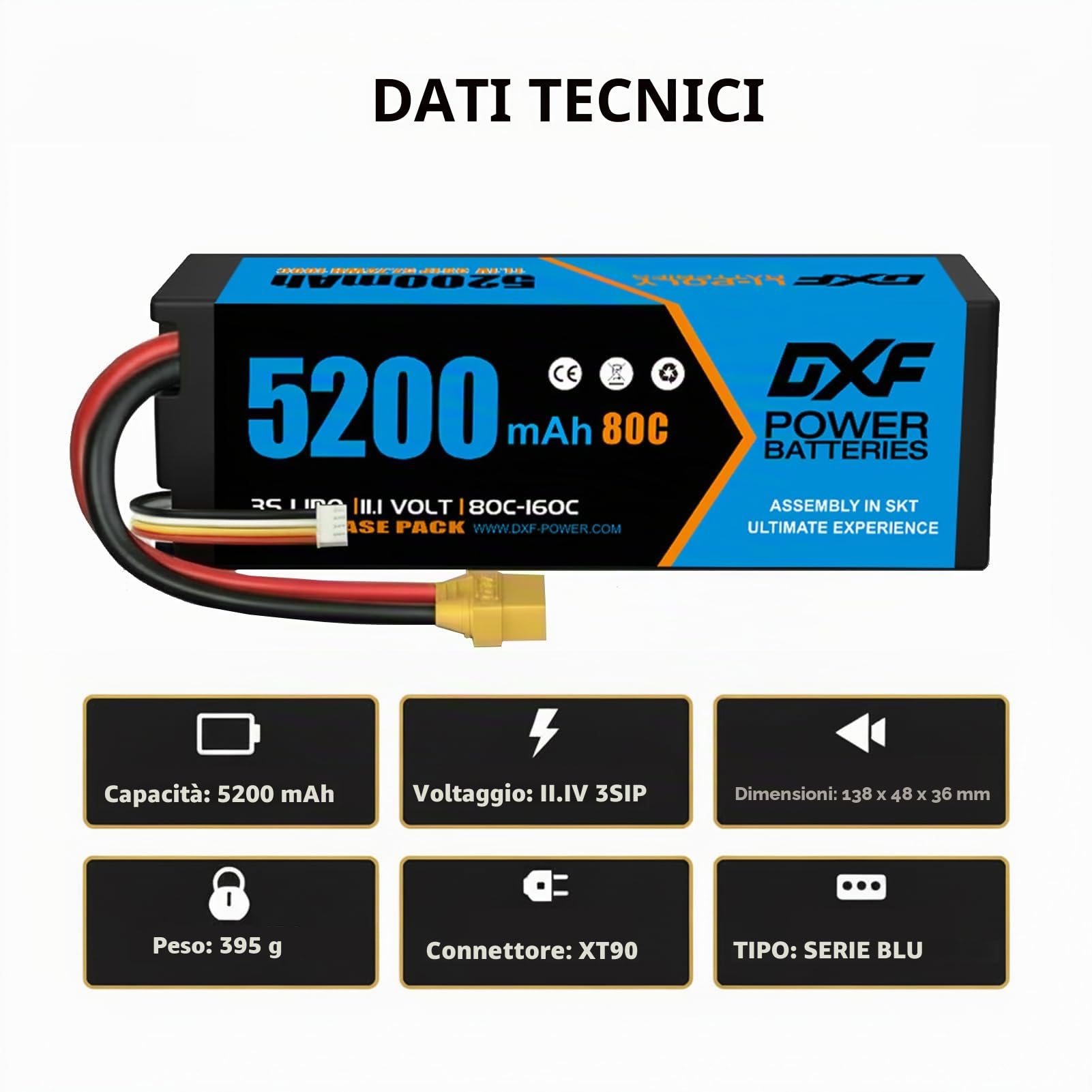 DXF Batteria LiPo 3S da 11,1 V, 5200 mAh, 80 C, confezione da 2 pezzi con connettore XT90, batteria rigida per RC auto, camion, barca, elicottero, aereo, quadricottero, modellismo, scarica ad alte