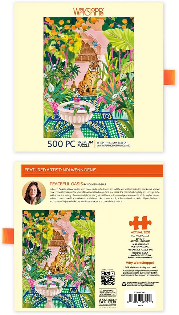 WerkShoppe Peaceful Oasis Tiger 500 Piece Puzzle, Tropical Pool Scene, Travel Puzzle
