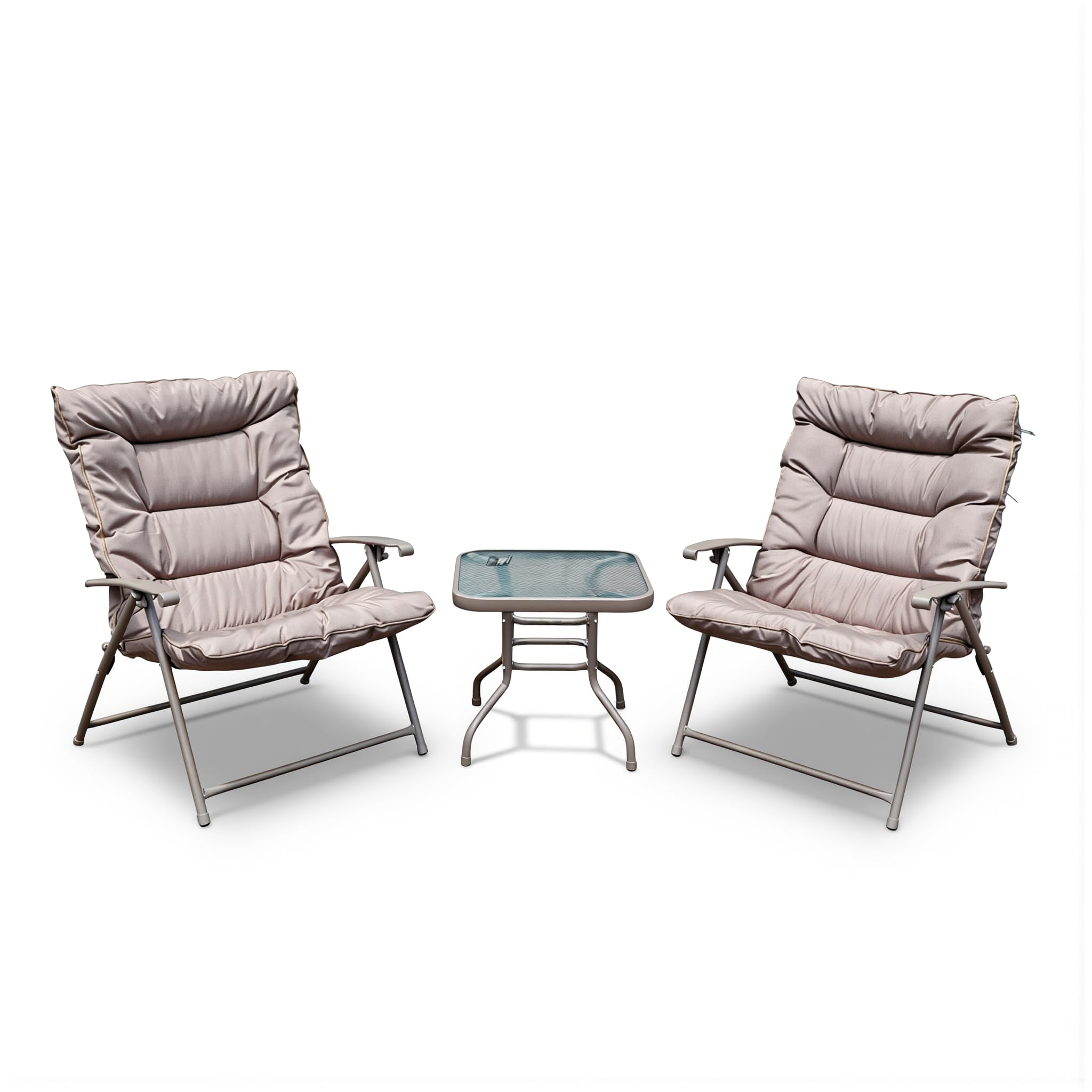 Set Relax da Giardino 3 Pezzi MAUì – 2 Poltrone Pieghevoli Imbottite con Cuscini Beige Removibili + Tavolino Vetro Temperato – Struttura Ferro Robusto – Arredo Giardino Terrazzo Balcone Salvaspazio