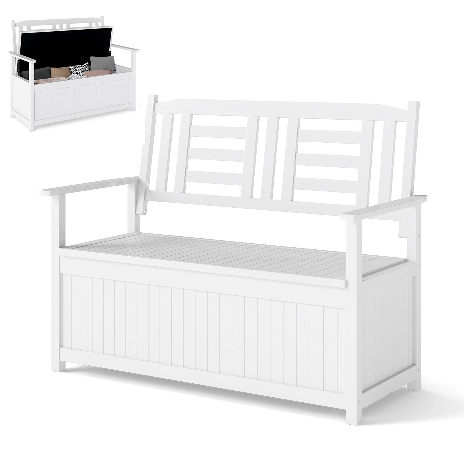 COSTWAY Panchina da Giardino con Contenitore di Legno, Cassapanca da Esterno 2 Posti con Schienale e Braccioli, Panca per Cortile e Ingresso, 123 x 68,5 x 96 cm (Bianco)