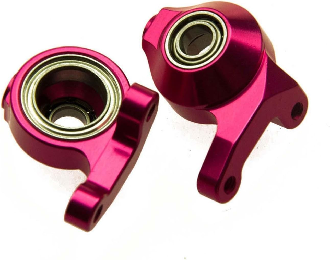 Angled view of two pink Hobbypower CNC Metal Front Steering Hubs, showing the bearing and mounting points.