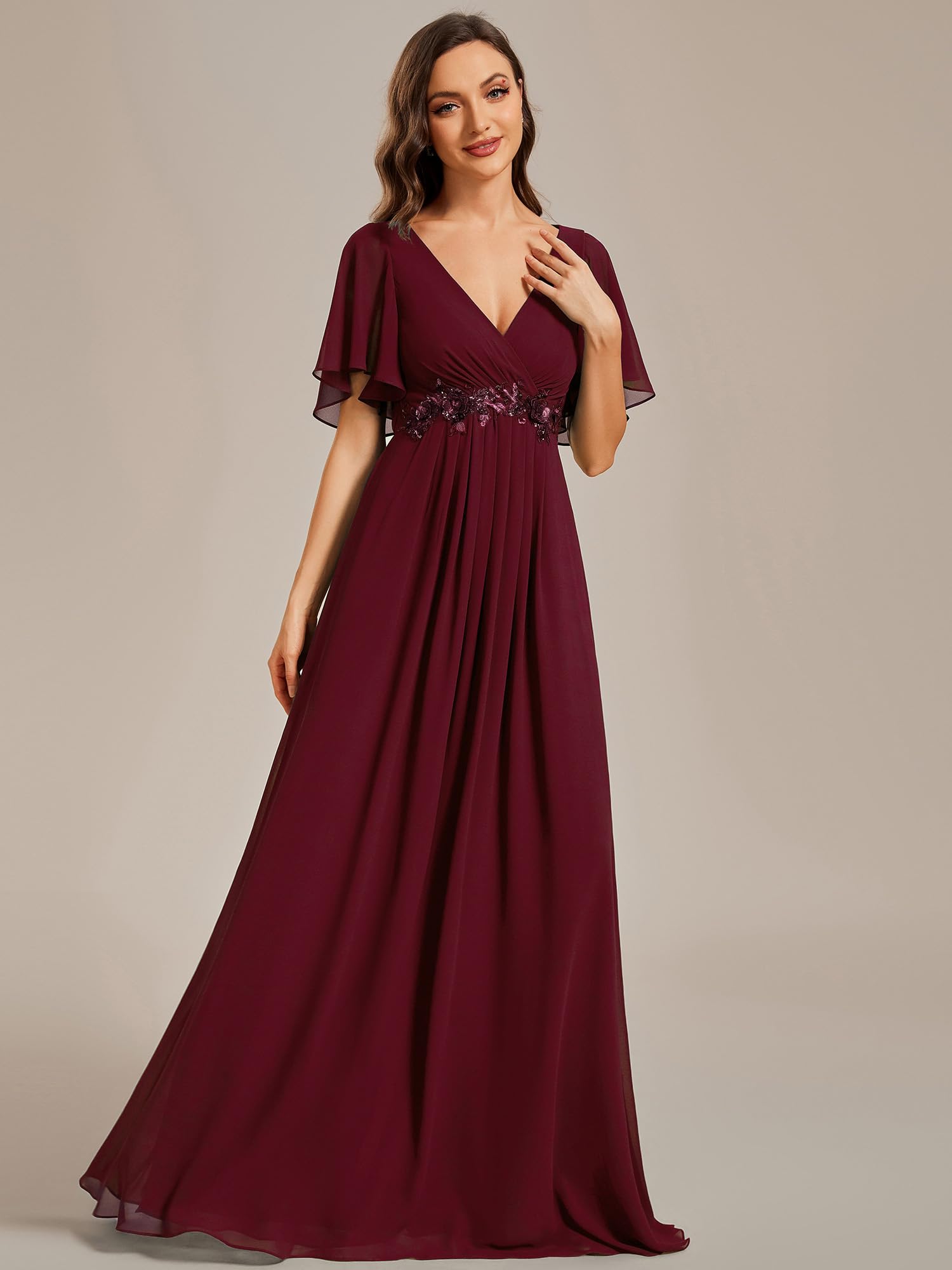 Ever-Pretty Abendkleid Elegant für Hochzeit Damen Lang Rundhalsausschnitt Abendkleider Langarm Brautjungfernkleider