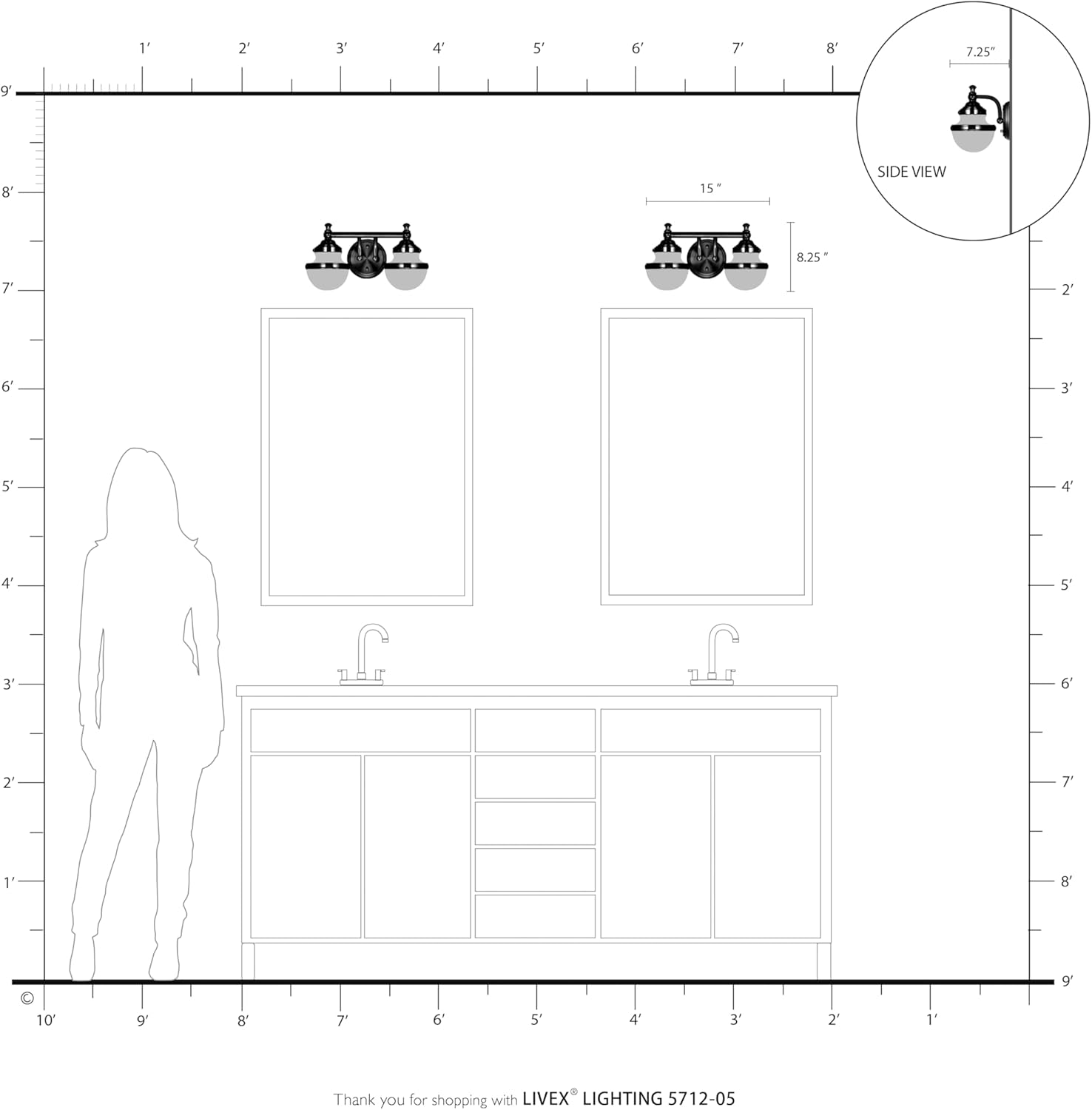 Livex Lighting 5712-05 Transitional Two Light Bath Vanity from Oldwick Collection Finish, Polished Chrome 15 x 7.25 x 8.25