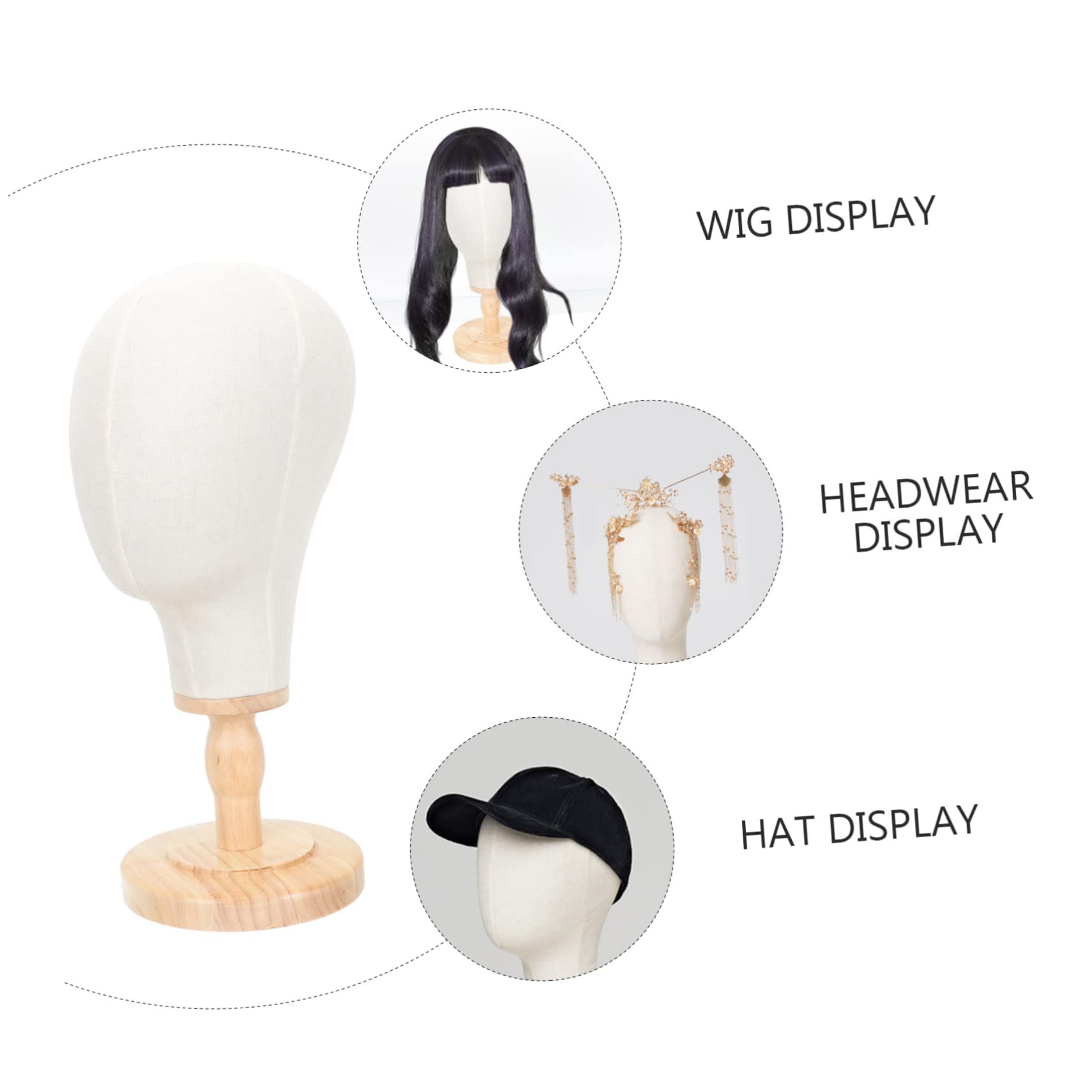 GLEAVI Tête de Mannequin en Lin Présentoir à Bijoux Base en Bois pour Perruques et Casquettes pour Salon de Coiffure ou Usage Domestique
