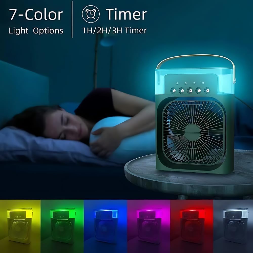Portable Humidifier Mini AC, Table Fan, Desk Fan with USB-Powered, 3 Speed Modes, Mist Function, 7 Colors LED Light, 1/2/3 H Timer Personal Use for Office, Home, Dorm, Travel, Office (Green)