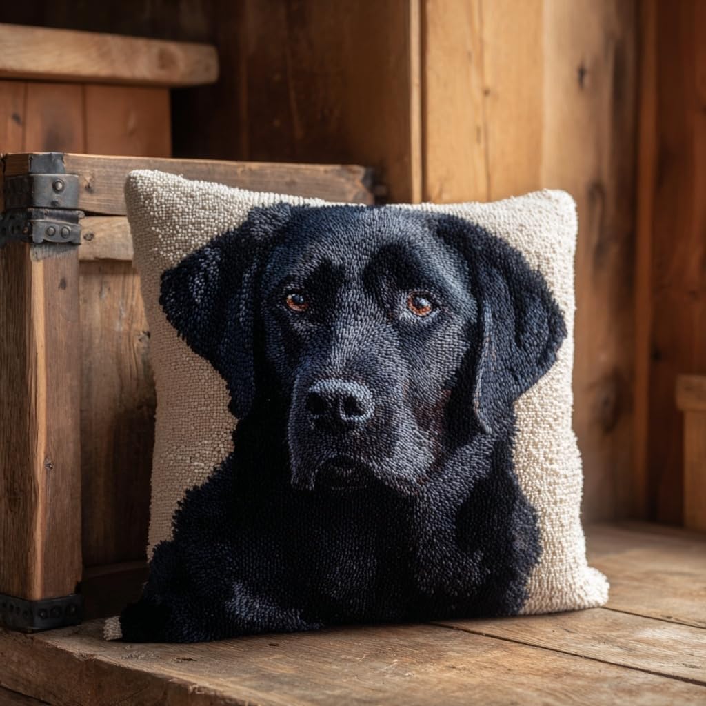 DIY Latch Hook Pillow Kit Black Labrador Dog Portrait Easy for Beginners Color-Stamped Canvas Cushion 43x43cm Sofa Bedroom Decor Craft-1