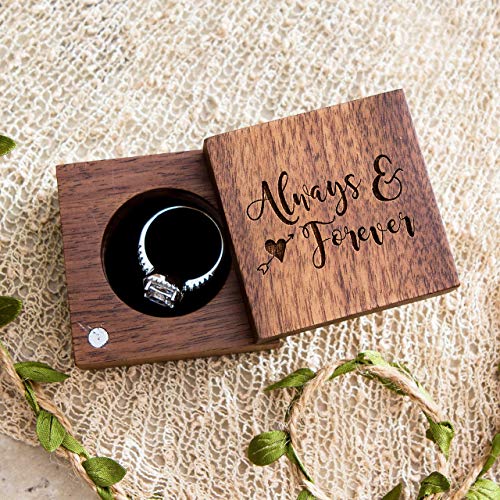 Always & Forever Ring Box - Rotating Wood Ring Box for Proposal & Engagement, Wedding Ring Bearer Box