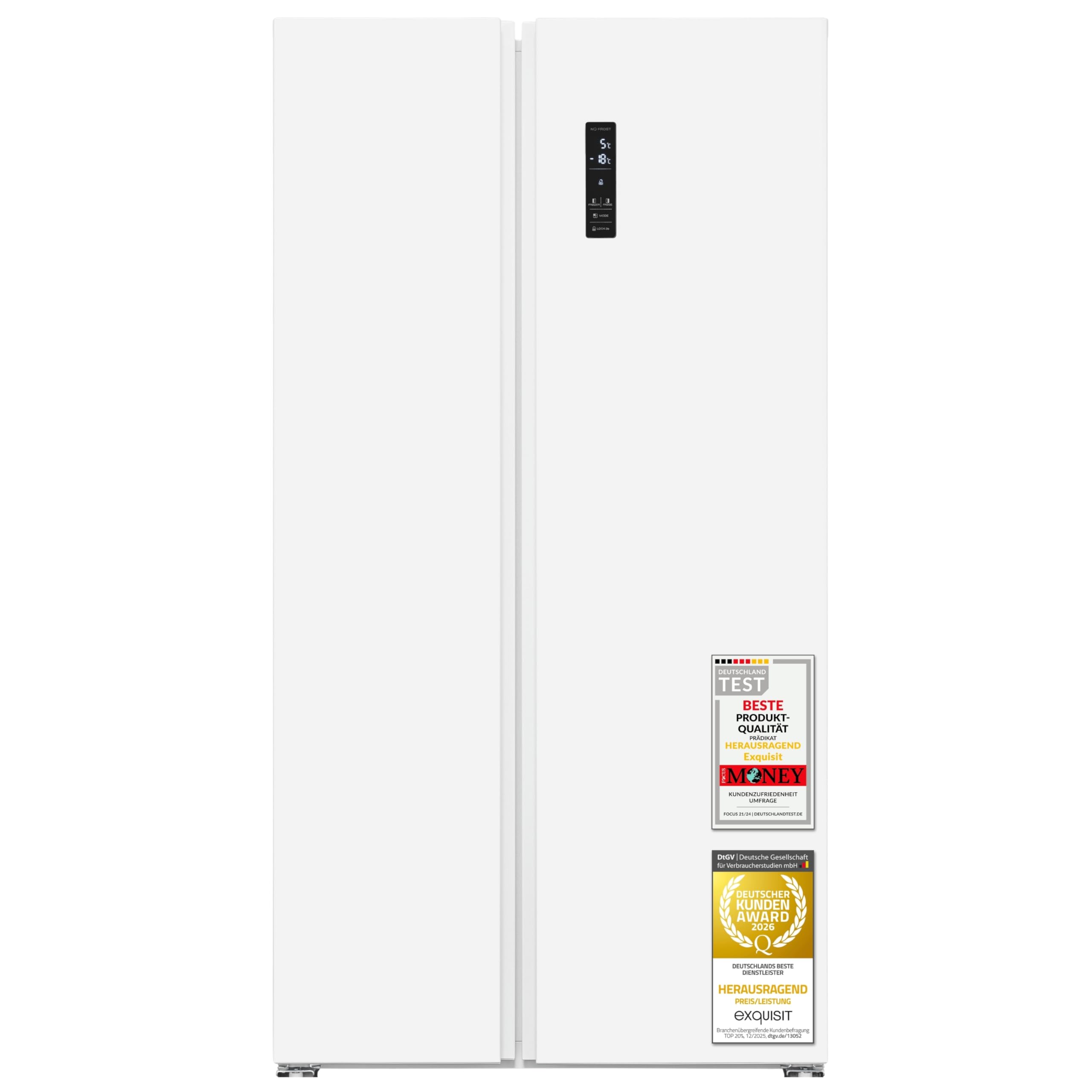 Exquisit SBS546-040D Side-by-Side Kühlschrank, 442 L, No Frost, Weiss | Freistehende Kühl-Gefrierkombination mit Energieklasse D, 39 dB leisem Betrieb, Schnellgefrierfunktion und LED-Display