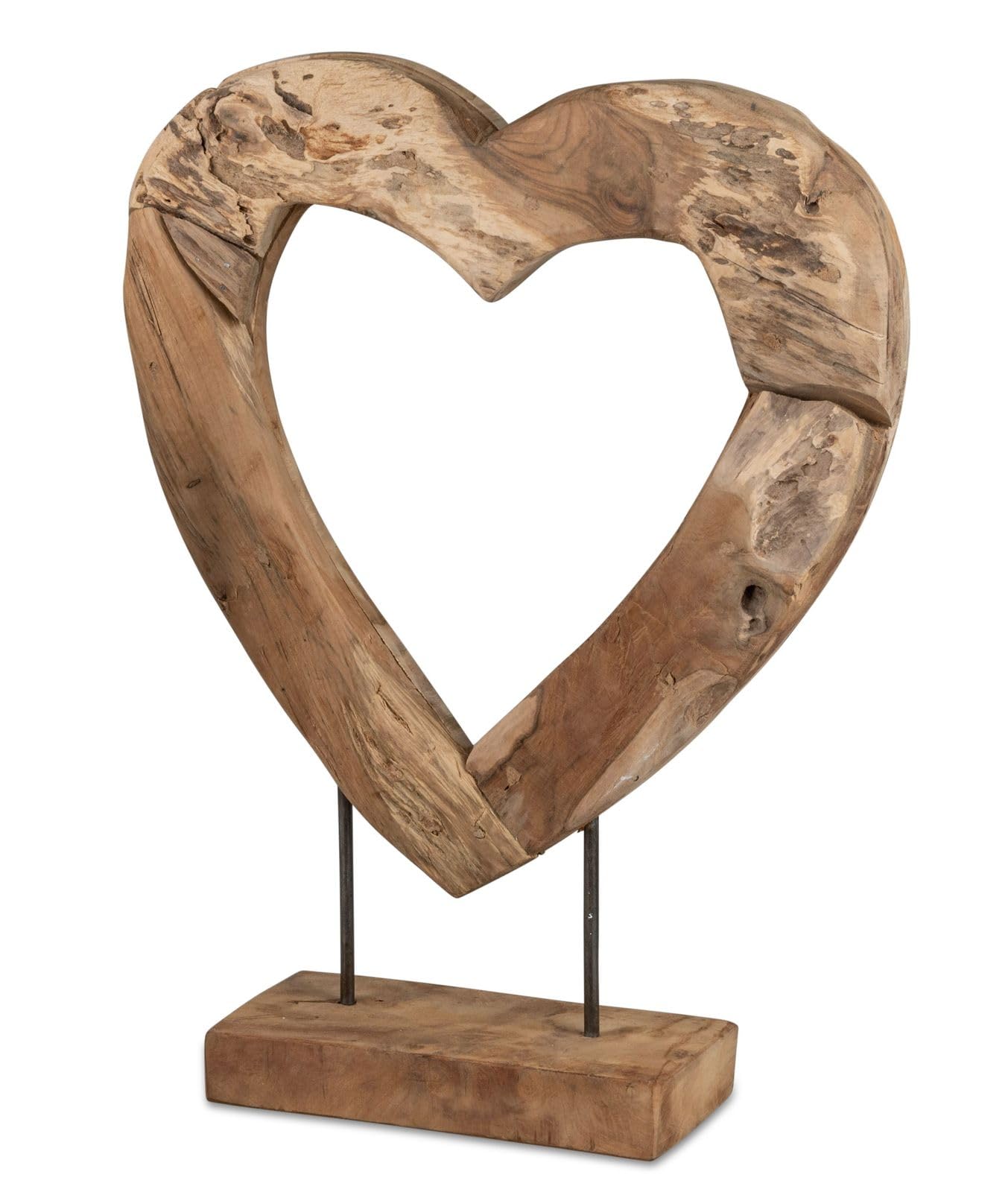 formano Deko Objekt Herz Holz Skulptur aus massivem Teakholz 50 cm auf Standfuß, modernes Wohnaccessoire mit Herzform für Sideboard, Regal & Büro
