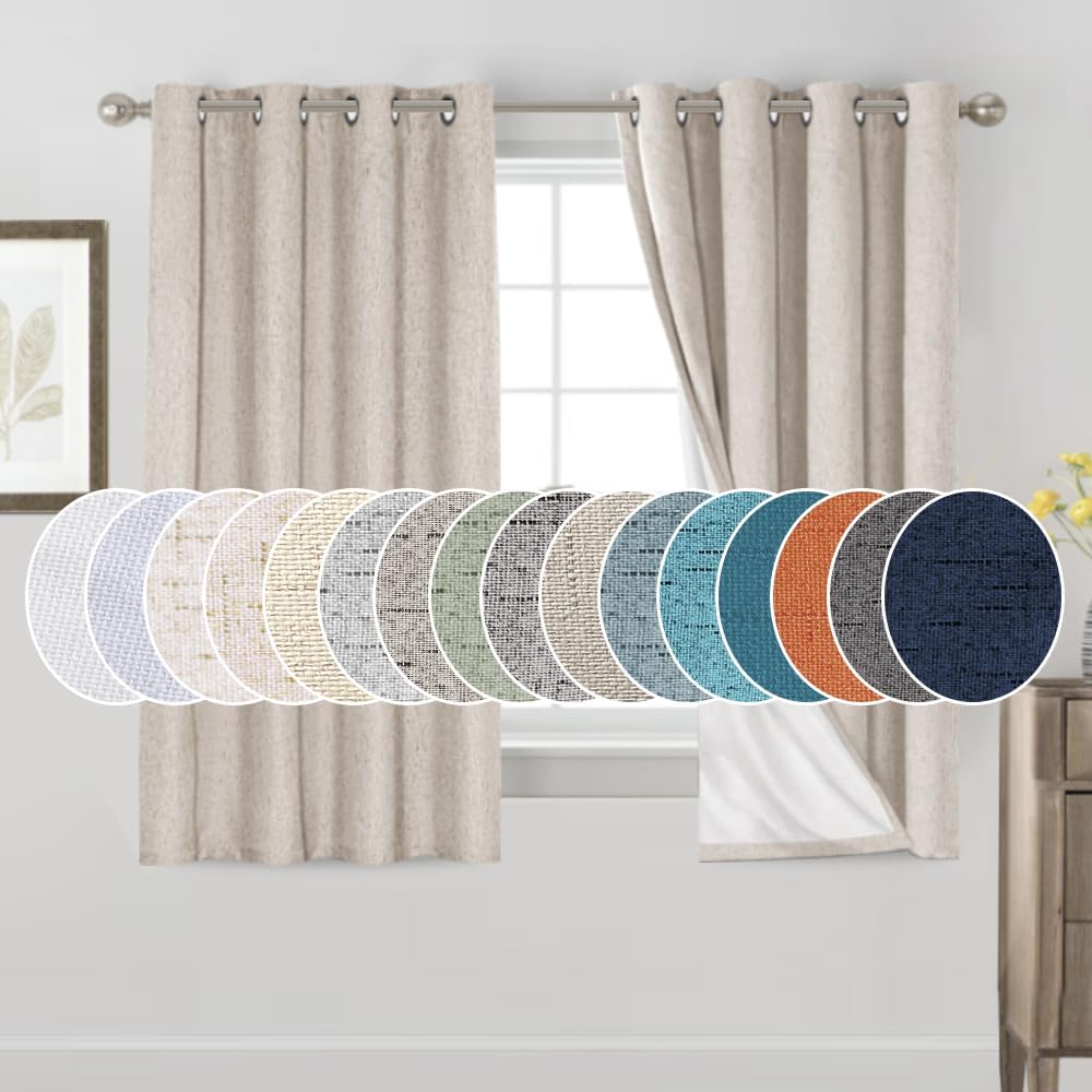 PrinceDeco 100% Blackout Curtains for Bedroom Linen Blackout Curtains 63 Inches Length Thermal Insulated Textured Drapes for Living Room 2 Panels Set,52" W x 63" L,Natural Natural 52"W x 63"L (Pack of 2)