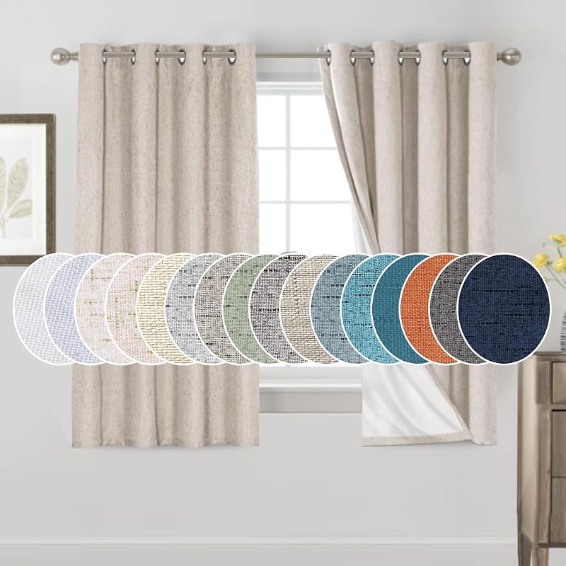 Cortinas 100% opacas de 64 pulgadas de largo, 2 paneles para dormitorio, con ojales antioxidantes, aislamiento térmico, textura de lino, cortinas opacas completas para ventana con forros blancos, juego de 2, 42 x 64, natural