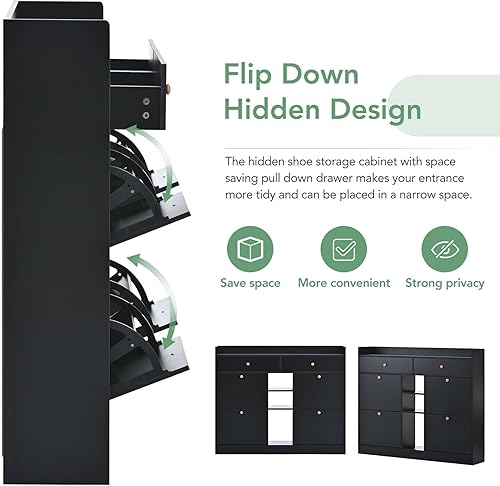 Miniatura 7 de SSLine Zapatero bohemio de 4 puertas con 2 cajones independientes, organizador moderno de almacenamiento de zapatos de madera negra con estantes de