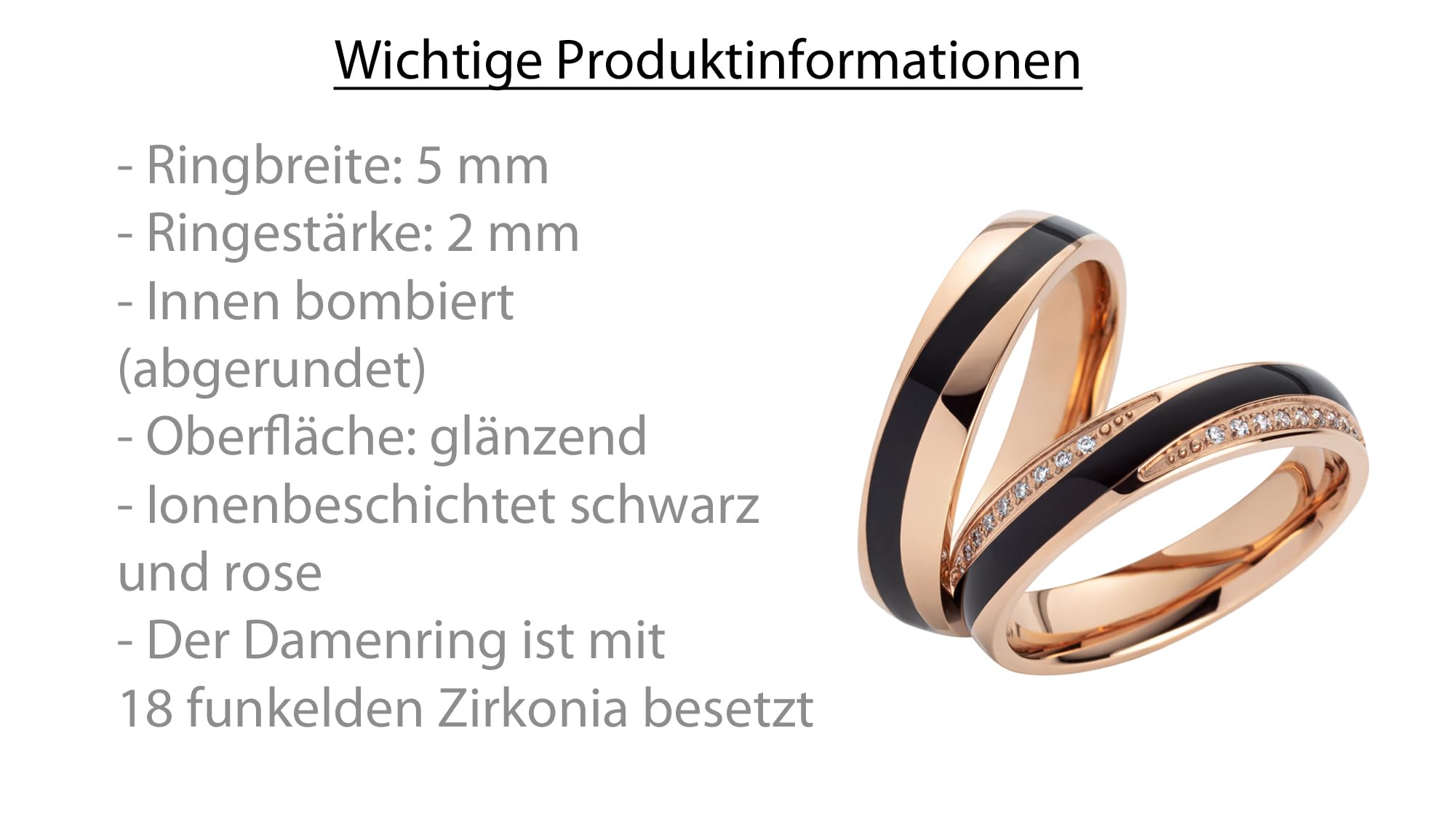 Paar Partnerringe & Eheringe aus Edelstahl – 5 mm Ringpaar mit schwarzer Emaille & Rosé-beschichtung, Zirkonia Ring freundschaftsringe - Trauring mit Gravur im Etui | 8018