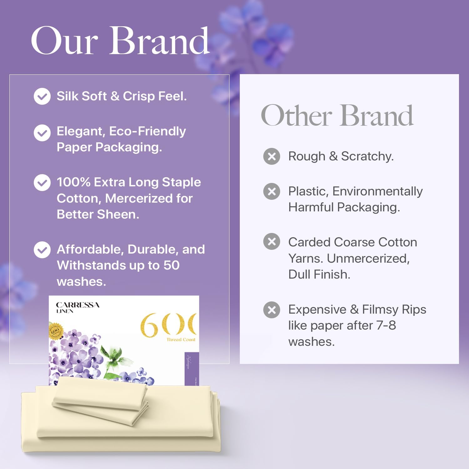 Carressa Linen 100% Egyptian Cotton Queen Sheet Set - 600 Thread Count Egyptian Cotton Queen Sheets Set (4 PC, Ivory Cream), Ultra Soft, Cooling, 16" Deep Pocket Sateen Weave Luxury Hotel Bed Sheet - Image 6