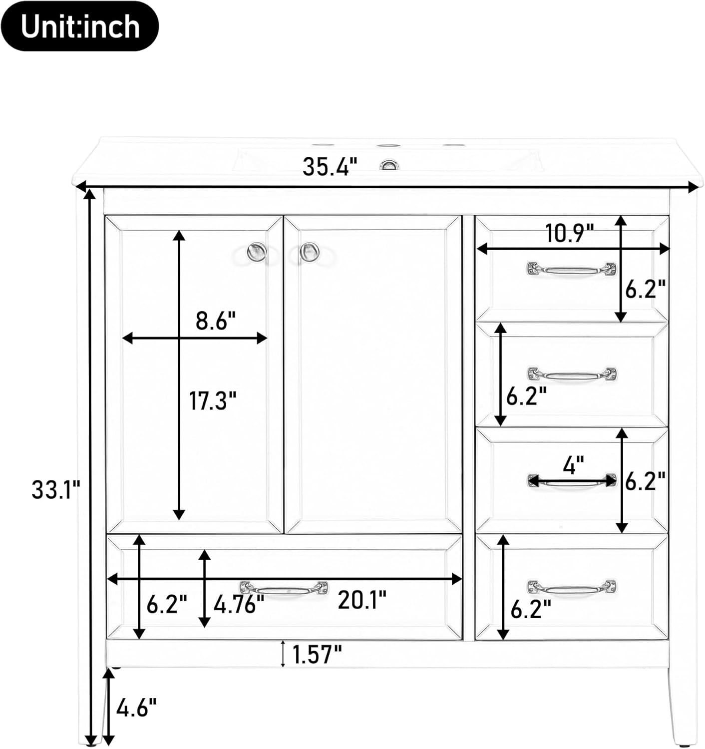 36" Bathroom Vanity with Sink, 34.1" H Freestanding Cabinet with Soft-Close Door and 4 Drawers, Solid Wood Frame, Ceramic Basin, Open Back for Easy Plumbing, One Package (Green)