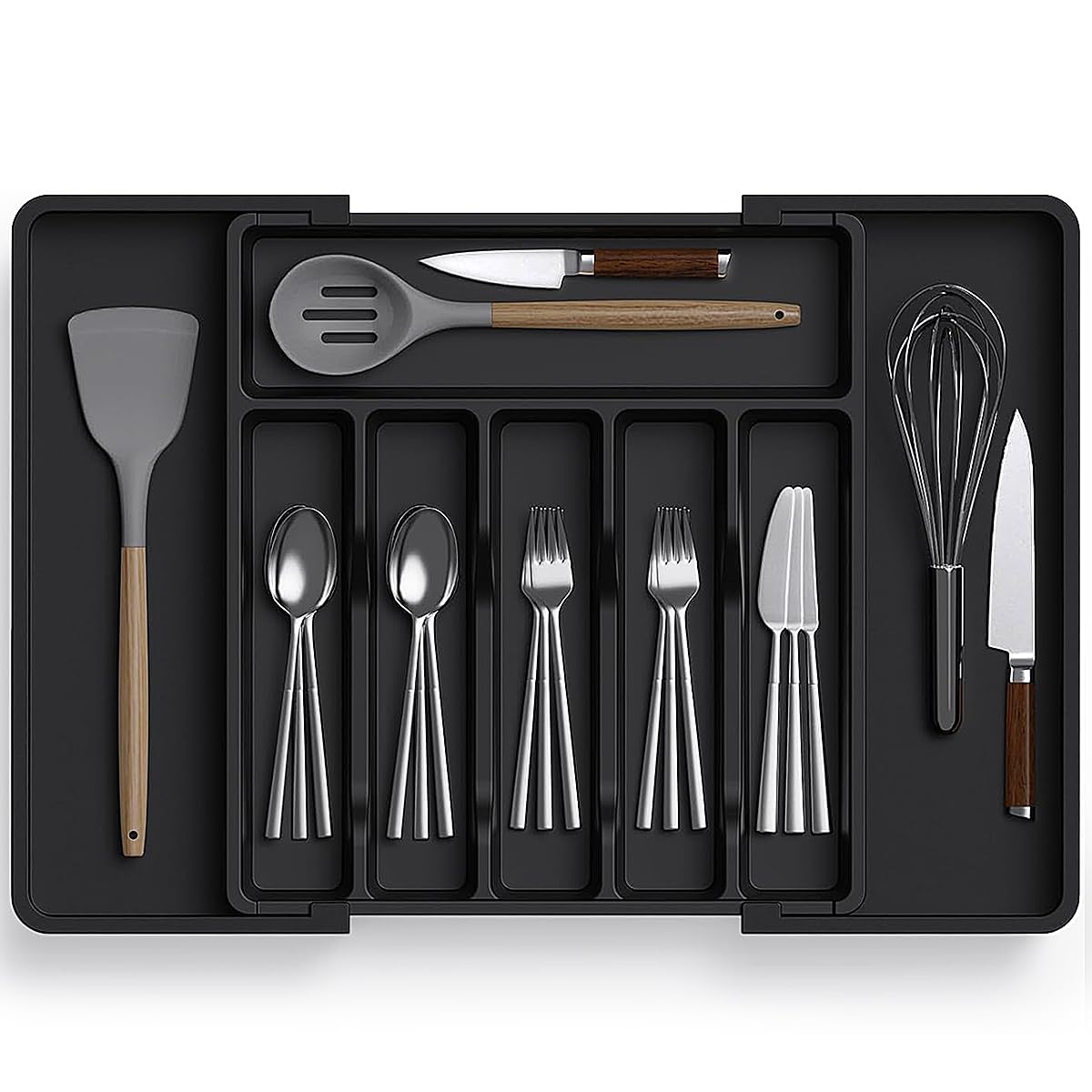 Kitchen Drawer Organizer - BPA-Free Expandable Utensil Storage Tray with 8 Compartments, Adjustable Dividers for Mess-Free Storage of Spoons, Forks, Knives & Flatware, Fits Most Drawer Sizes