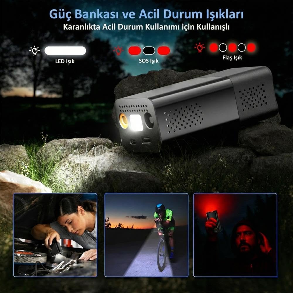 KOBB KB412 Şarjlı Dijital Lastik Şişirme Pompası, 150 PSI, Powerbank, LED Lamba, Li-ion, 1800mAh, 13x6.5x5 cm