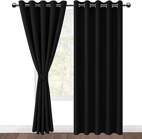 Miniatura 7 de DWCN Cortinas opacas negras para dormitorio con alzapaños, de ventana, con aislamiento térmico y bloqueo de luz, con ojales para sala de estar, 59.8
